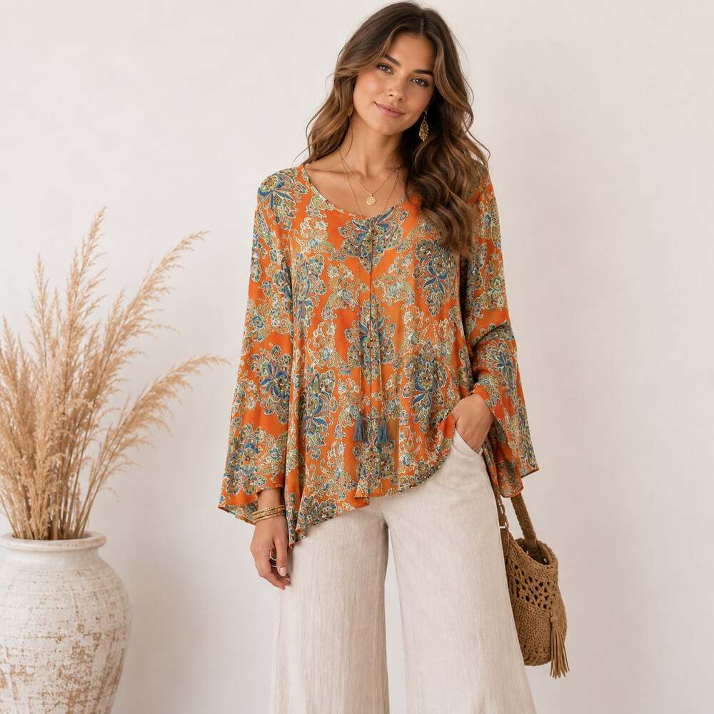 Susan Graver Liquid Knit Blouse Women's Size XL Rust Floral Cottage Boho Casual